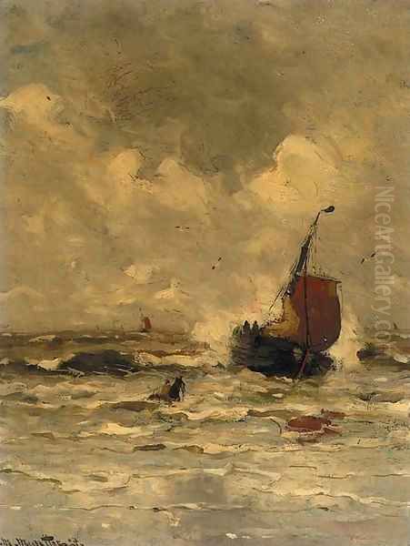 A Bomschuit in the breakers 3 Oil Painting by Gerhard Arij Ludwig Morgenstje Munthe