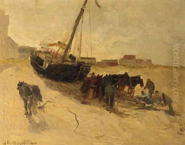 A beach scene with horses and a fishingsmack Oil Painting by Gerhard Arij Ludwig Morgenstje Munthe