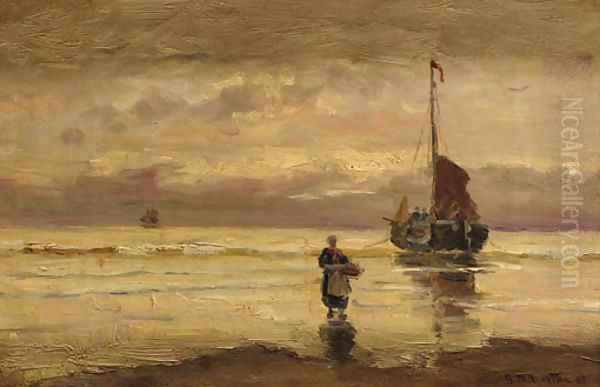 A beached bomschuit at sunset Oil Painting by Gerhard Arij Ludwig Morgenstje Munthe