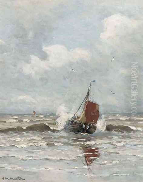 A bomschuit in the surf by Katwijk Oil Painting by Gerhard Arij Ludwig Morgenstje Munthe