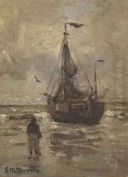 A bomschuit on the beach on a grey day Oil Painting by Gerhard Arij Ludwig Morgenstje Munthe