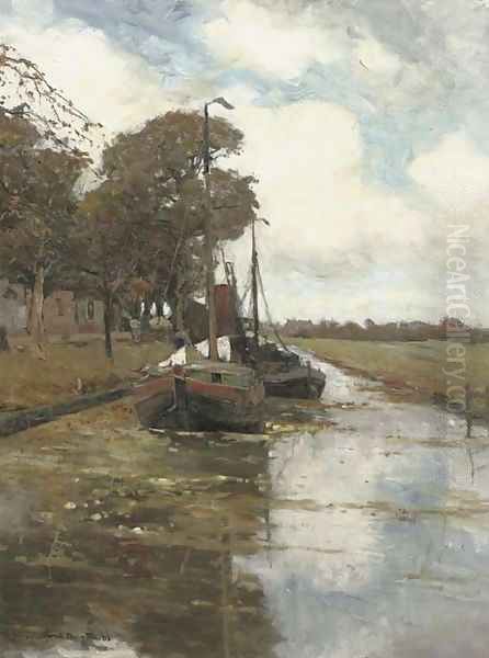 Along a canal in autumn Oil Painting by Gerhard Arij Ludwig Morgenstje Munthe