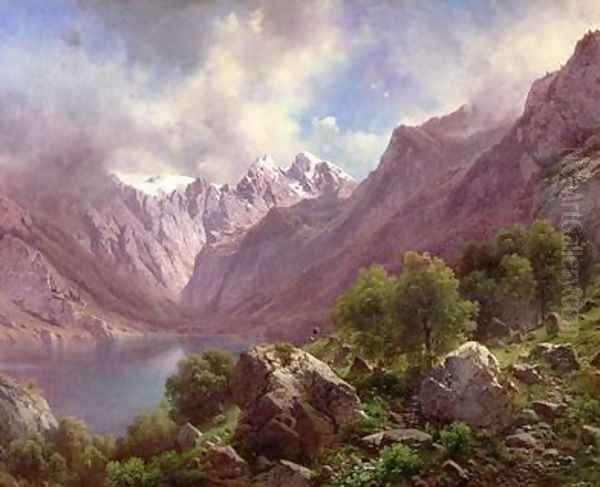 An Alpine Lake 1867 Oil Painting by Karl Millner