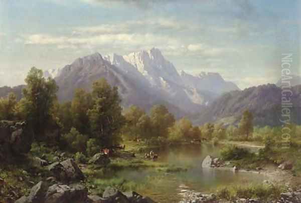 Mountain Landscape with Cattle Watering by a Lake Oil Painting by Karl Millner