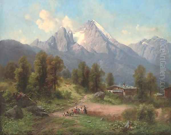 Harvesters in an alpine landscpe Oil Painting by Karl Millner