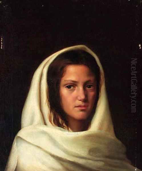 Portrait of a Maiden in a white Shawl Oil Painting by Vasili Maksimovich Maksimov