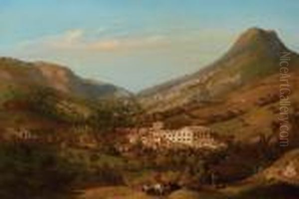 A Fazenda, Brazil, With A Group Of Slaves In The Foreground And A Hillside Beyond Oil Painting by Eduard Hildebrandt