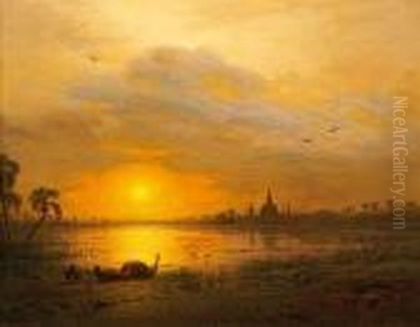 Sunset On A Lake Near Birma Oil Painting by Eduard Hildebrandt