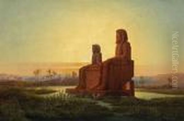 Dawn Over The Collosi Of Memnon Near Thebes Oil Painting by Eduard Hildebrandt