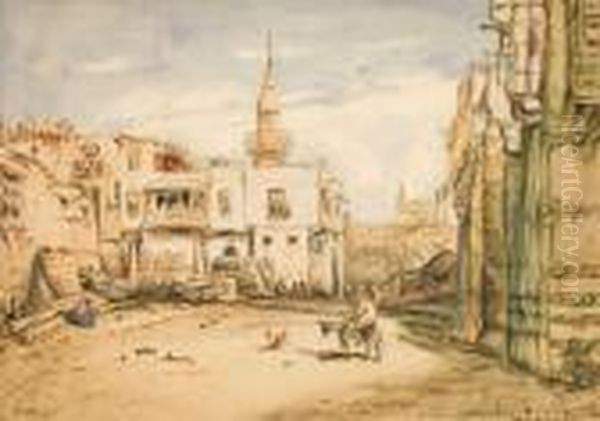 Strassenszene In Suez Oil Painting by Eduard Hildebrandt