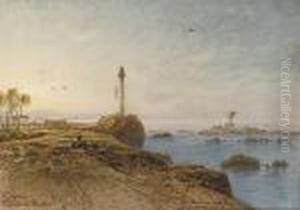 The Lighthouse Of Point De Galle At Sunset, Ceylon, Sri Lanka Oil Painting by Eduard Hildebrandt