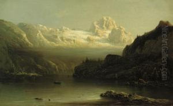 View Of The Dachstein Massive And Lake Gosan, Austria Oil Painting by Eduard Hildebrandt