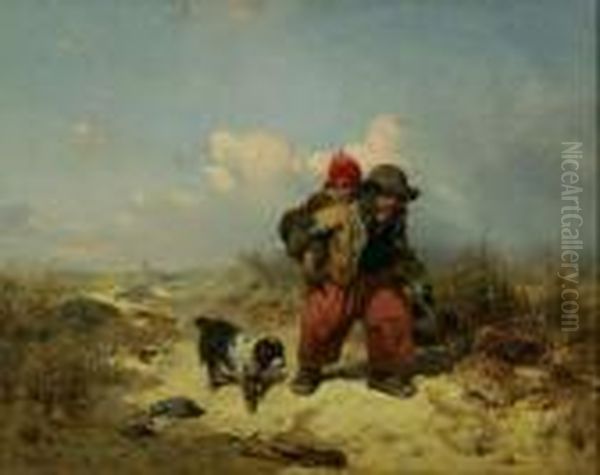 Zwei Kinder Mit Hund In Einer Kustenlandschaft. 1845 Oil Painting by Eduard Hildebrandt