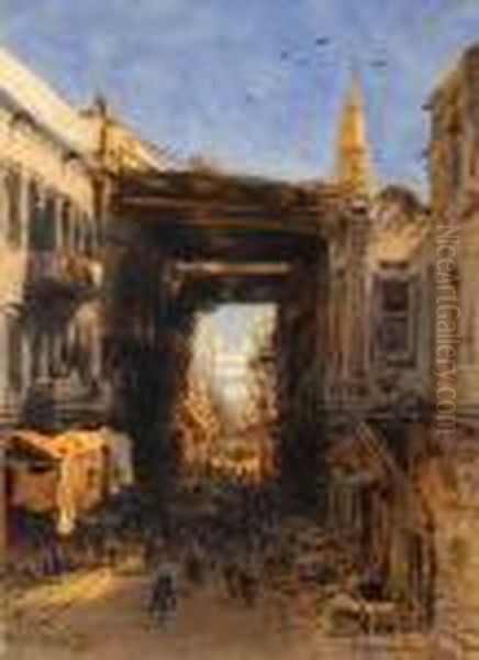 Covered Street, Cairo; Mosque In Cairo Oil Painting by Eduard Hildebrandt