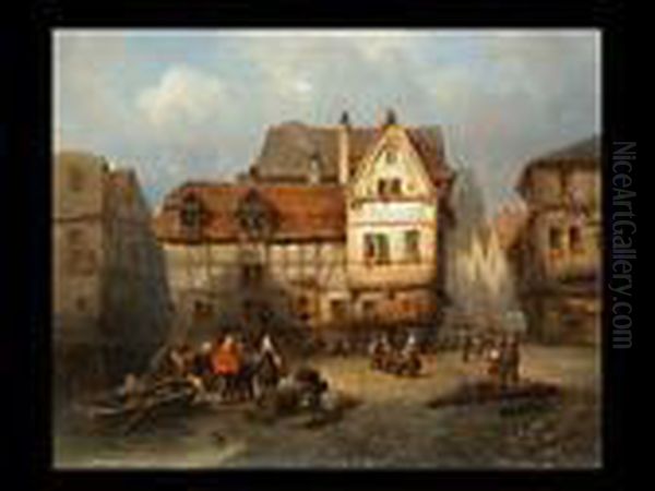 Strassenszene In Einer Hollandischen Stadt Oil Painting by Eduard Hildebrandt