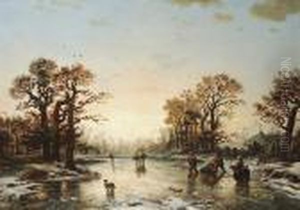 On The Ice At Sunset Oil Painting by Eduard Hildebrandt