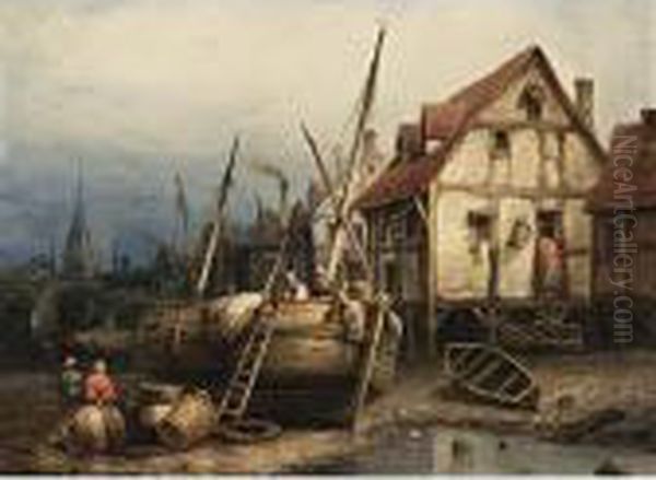 Figures In A Harbour At Low Tide Oil Painting by Eduard Hildebrandt