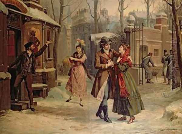 Scenery for the scene with Mimi and Rodolfo in the opera La Boheme Oil Painting by Luigi Morgari