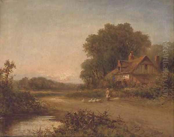 Feeding the geese outside a cottage Oil Painting by Henry Maidment