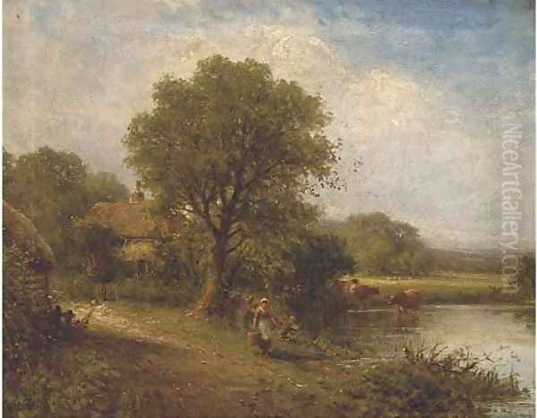 A young woman by a pool with cattle watering and a cottage beyond Oil Painting by Henry Maidment