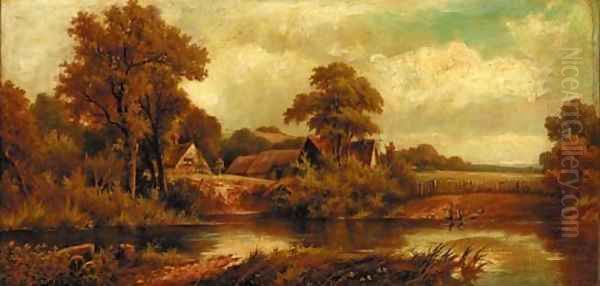 Figures On The Edge Of A Riverbank Oil Painting by Henry Maidment