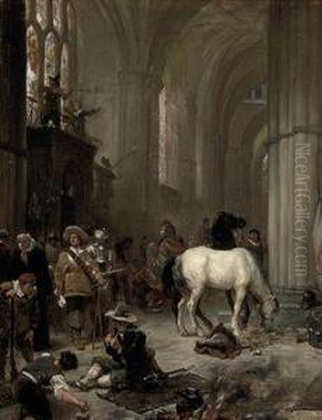 Cromwell's Troops Desecrating Wells Cathedral Oil Painting by Robert Alexander Hillingford