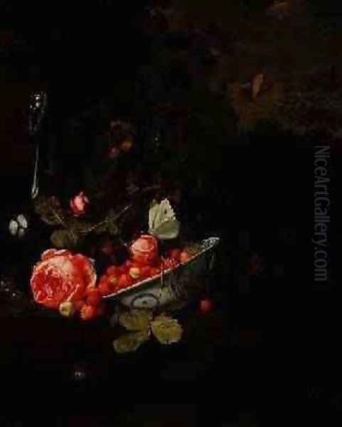 Still Life of Wild Strawberries a Rose and a Glass Bottle 1690 Oil Painting by Jan Mortel