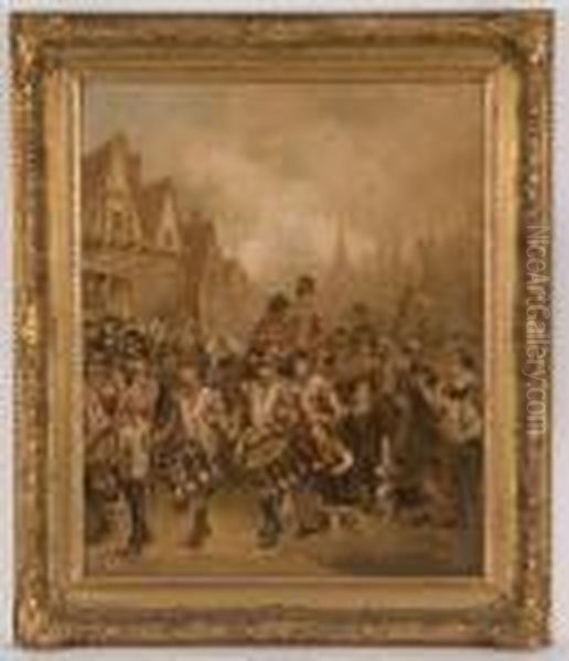 Depicting A Military March Through Town Oil Painting by Robert Alexander Hillingford