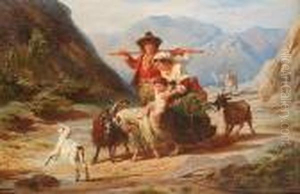 The Shepherd's Family And Their Mischievous Companions On A Mountain Pass. Oil Painting by Robert Alexander Hillingford