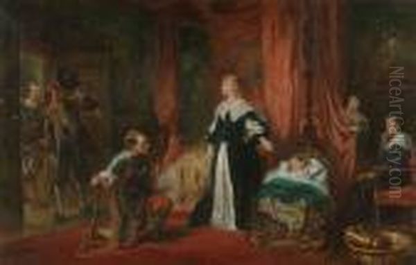 'news Of The King's Death - 
Brought To Queen Henrietta Maria In Paris. Princess Henrietta Is Asleep 
Whilst The New King Charles Ii Hides Behind The Curtain' Oil Painting by Robert Alexander Hillingford