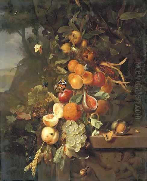 Peaches, apricots, grapes, oranges, blackberries, sheafs of corn and a pomegranate on a plinth with a sculpted relief, with butterflies Oil Painting by Jan Mortel