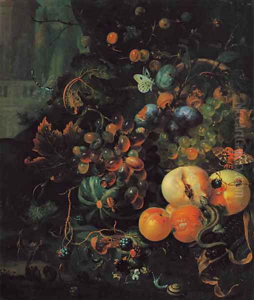 A forest floor still life with peaches, plums, grapes on the vine and other fruits, with a lizard, a snail, butterflies and other insects Oil Painting by Jan Mortel