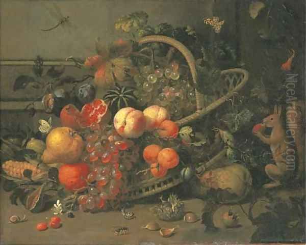 Apricots, peaches, plums, a pomegranate, a watermelon, an orange, a pear and corn in a basket, with cherries, chestnuts, snails, a bee Oil Painting by Jan Mortel