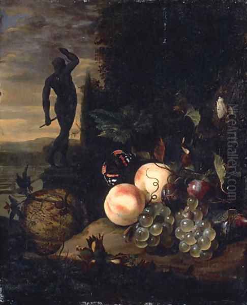 Peaches, grapes, plums and a melon with a Red Admiral and a moth by a tree trunk, a statue in a formal garden beyond Oil Painting by Jan Mortel