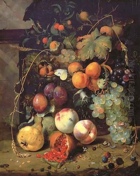 Peaches, plums, apricots, grapes, pears, blackberries, sheafs of corn, chestnuts, walnuts, medlars, cherries and a pomegranate with a snail Oil Painting by Jan Mortel