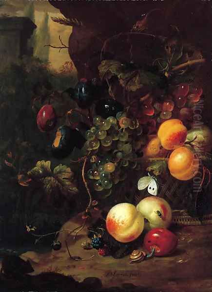 Peaches, plums, grapes on the vine and other fruit in a basket, with a snail, a dragonfly and a mouse, by a rock Oil Painting by Jan Mortel