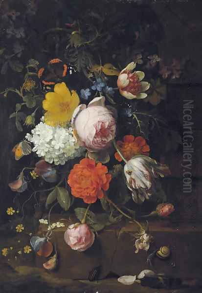 Peonies, tulips, roses and other flowers on a ledge with a snail, a beetle and a butterfly Oil Painting by Jan Mortel