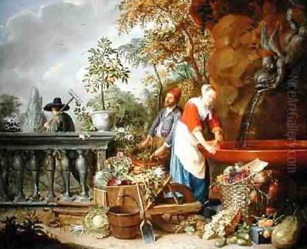 A Maid Washing Carrots at a Fountain with Two Gardeners at Work Oil Painting by Nicolaas or Nicolaes Muys