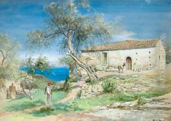 A Villa at Taormina, Sicily Oil Painting by John MacWhirter