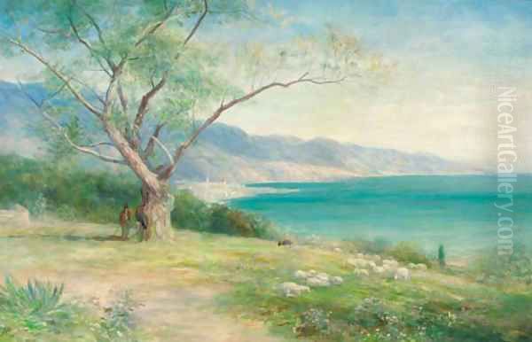 Sheep grazing in a Mediterranean landscape Oil Painting by John MacWhirter