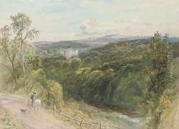 A mounted figure on a road by a river, Bardon Tower beyond Oil Painting by John MacWhirter