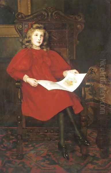 'In Wonderland', Portrait of Margery Merrick, seated full-length, in a red dress, reading a book, in an interior Oil Painting by Emily M. Merrick