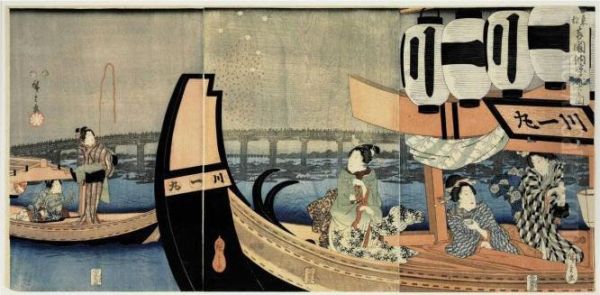 Toto Ryogokubashi Noryo Hanabi 
No Zu Woodcut Triptych Of Beauties In Pleasure Boats Enjoying The 
Summer Evening On The Sumida River Below Ryogoku Bridge In Edo, The Prow Oil Painting by Utagawa or Ando Hiroshige