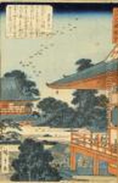 Temple A Kyoto Oil Painting by Utagawa or Ando Hiroshige