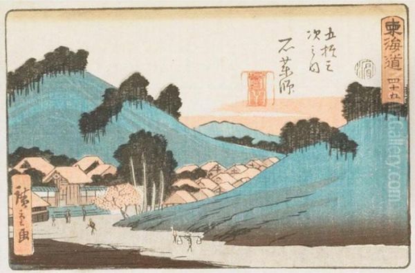 Two Tokaido Road Views Oil Painting by Utagawa or Ando Hiroshige