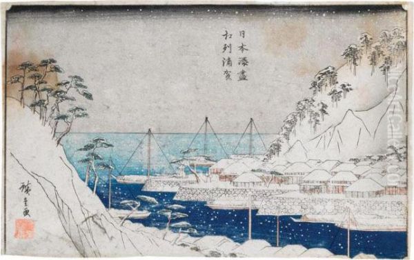 Japanese Snow Scene Oil Painting by Utagawa or Ando Hiroshige