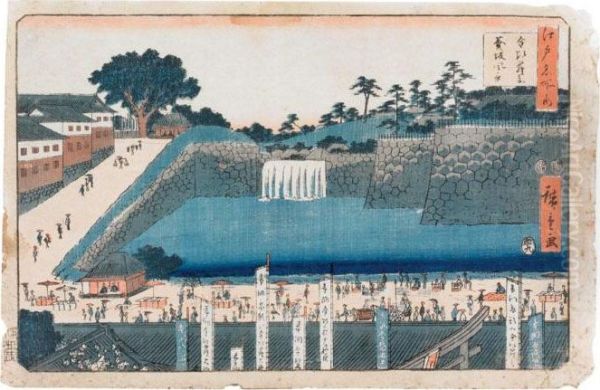 Two Town Views Oil Painting by Utagawa or Ando Hiroshige