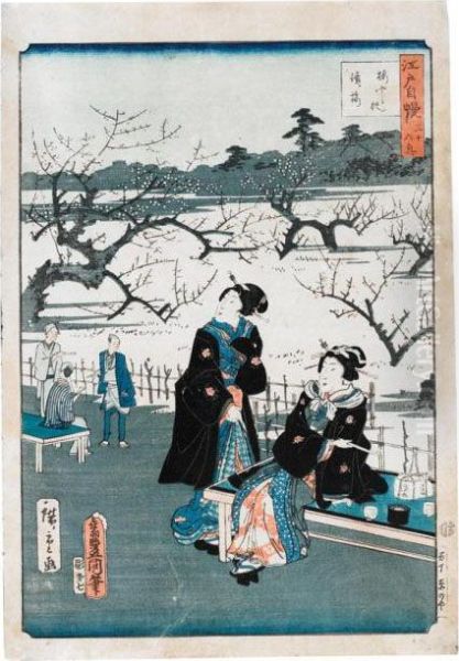 Edo Scene With Ladies Oil Painting by Utagawa or Ando Hiroshige