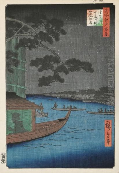 The Pine Of Success, Andoumayagashi On The Asakusa River Oil Painting by Utagawa or Ando Hiroshige