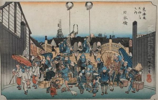 Nihon-bashi Oil Painting by Utagawa or Ando Hiroshige